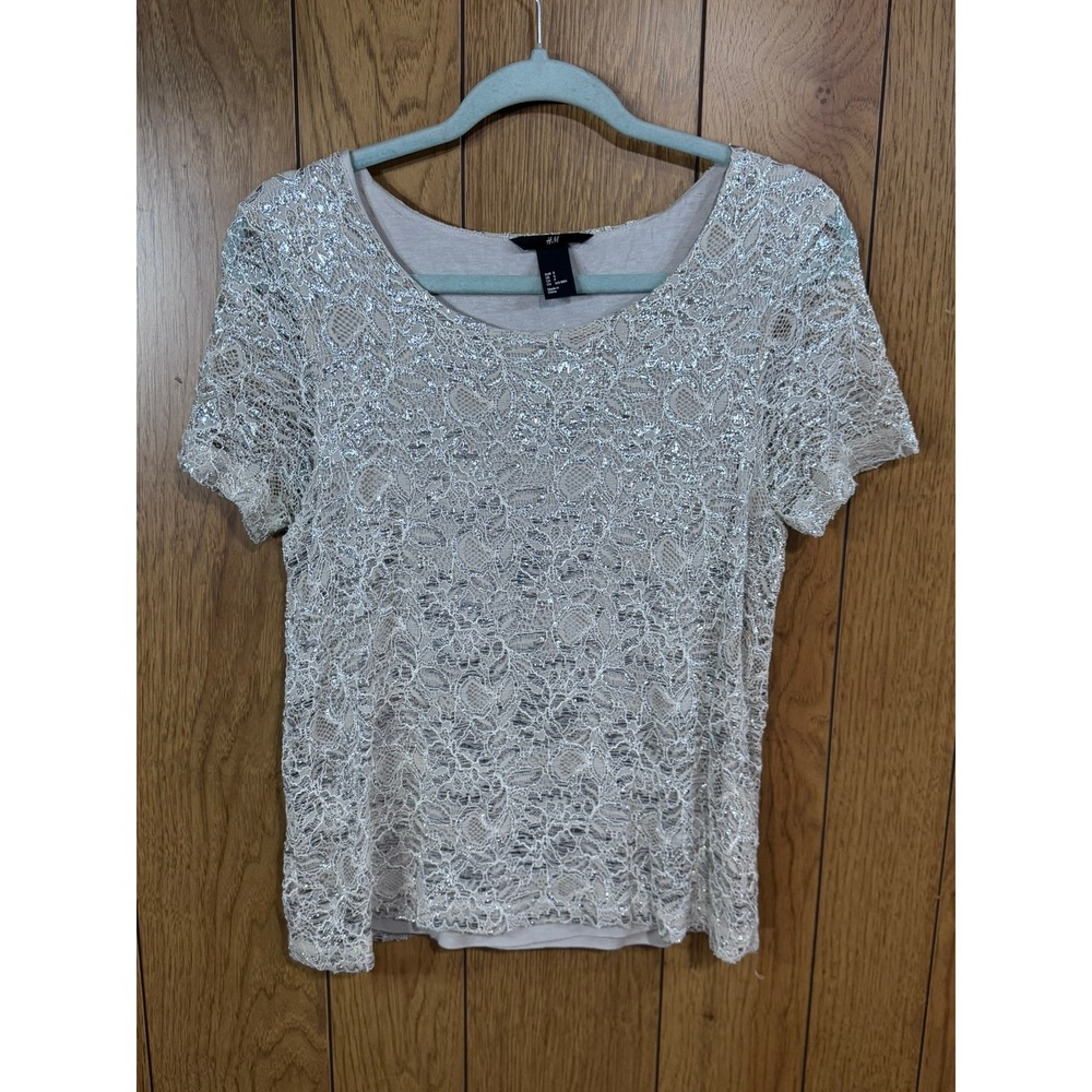 HM Women Silver Metallic Lace Short Sleeve Top Scoop Neck Blouse Small